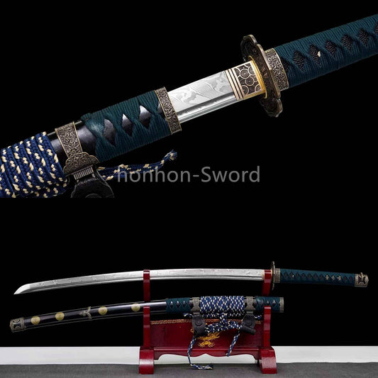 26inch Japanese Tachi Damascus Folded Steel Sword With Bohi Alloy Tsuba Sharp Battle Ready