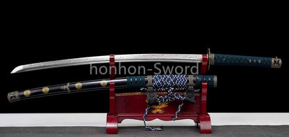Japanisches Samurai-Schwert Katana aus schwarzem gefaltetem Stahl, Full Tang, handgefertigt, scharfe Klinge, schwarz 