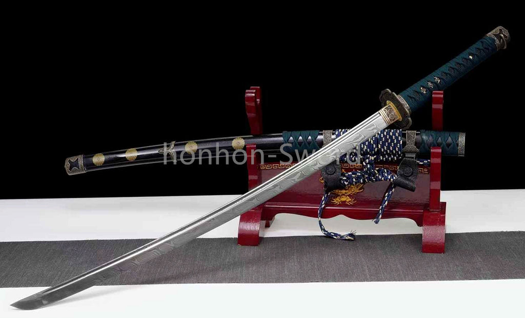 Japanisches Samurai-Schwert Katana aus schwarzem gefaltetem Stahl, Full Tang, handgefertigt, scharfe Klinge, schwarz 