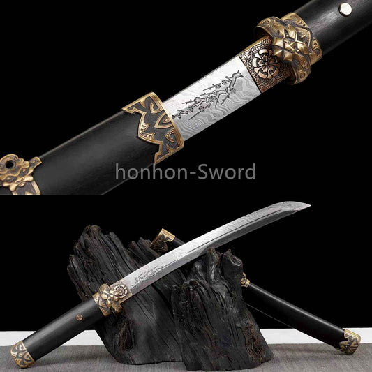 12" Damascus Folded Steel Japanese Tanto UNOKUBI-ZUKURI Samurai Sword Real Sharp