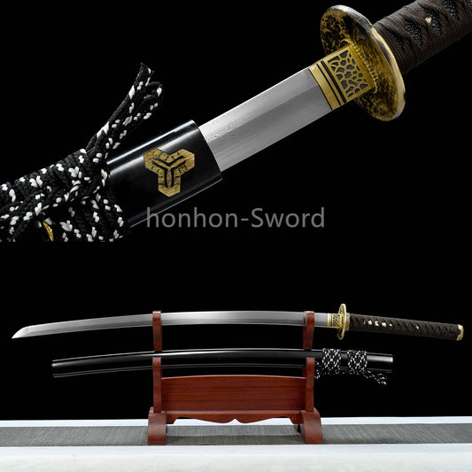 Japanisches Samurai-Schwert Katana aus schwarzem gefaltetem Stahl, Full Tang, handgefertigt, scharfe Klinge, schwarz 