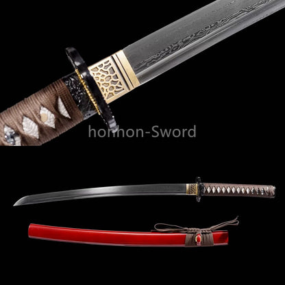 Damascus Folded Steel Japanese Wakizashi Samurai Sword Full Tang Sharp for Battle