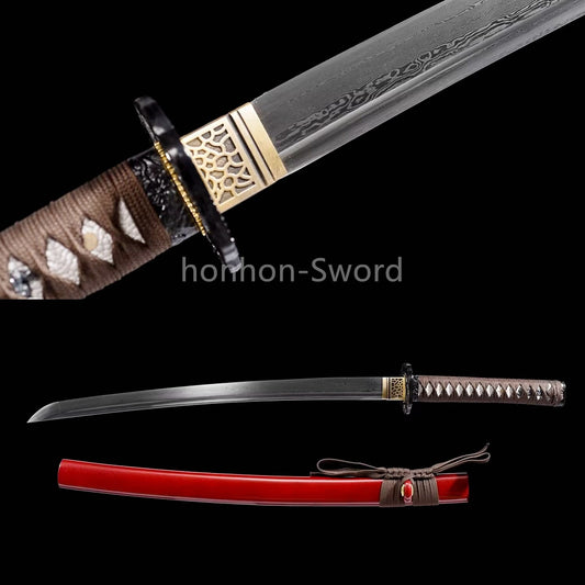 Épée de samouraï japonaise en acier plié noir, katana, lame tranchante faite à la main, noire 