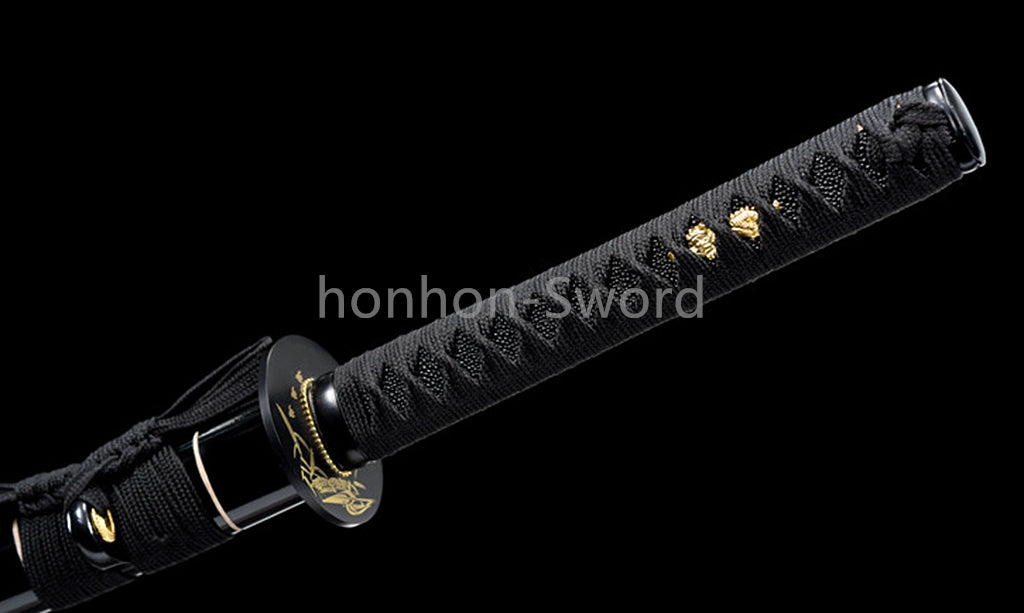 Épée de samouraï japonaise en acier plié noir, katana, lame tranchante faite à la main, noire 