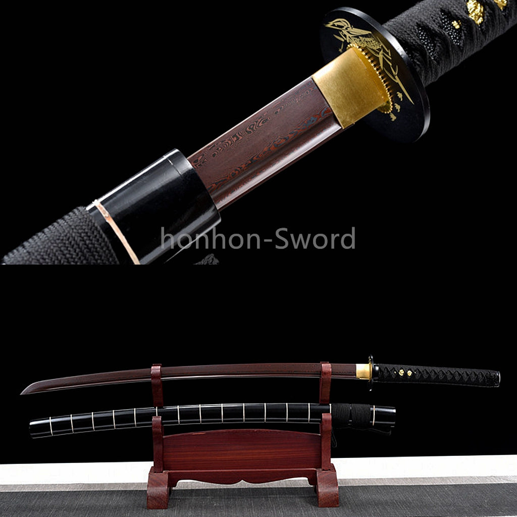 Épée de samouraï japonaise en acier plié noir, katana, lame tranchante faite à la main, noire 