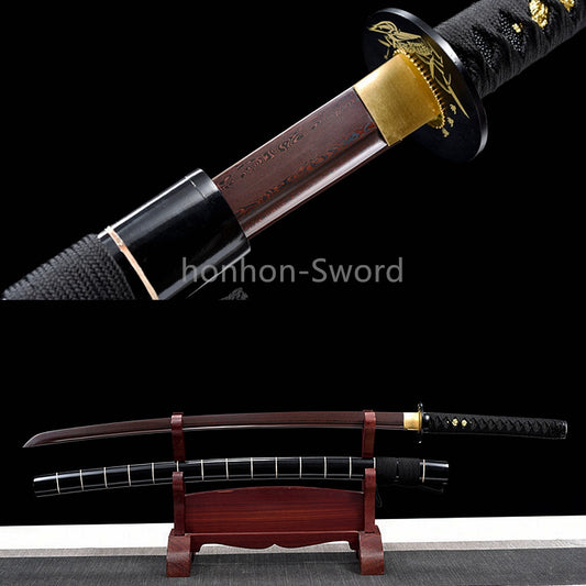 Japanisches Samurai-Schwert Katana aus schwarzem gefaltetem Stahl, Full Tang, handgefertigt, scharfe Klinge, schwarz 