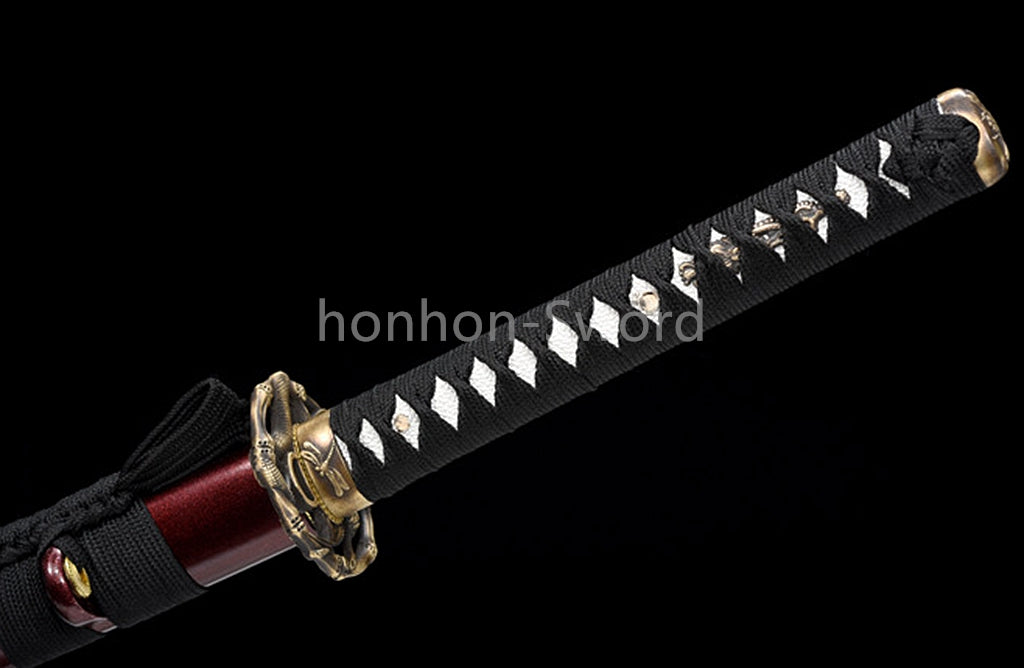 Japanisches Samurai-Schwert Katana aus schwarzem gefaltetem Stahl, Full Tang, handgefertigt, scharfe Klinge, schwarz 