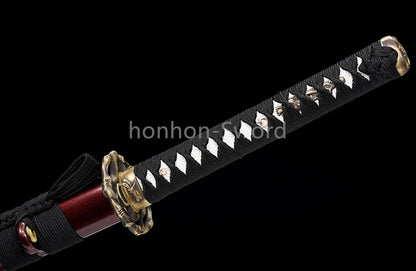 Japanisches Samurai-Schwert Katana aus schwarzem gefaltetem Stahl, Full Tang, handgefertigt, scharfe Klinge, schwarz 