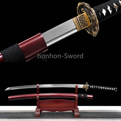 Japanisches Samurai-Schwert Katana aus schwarzem gefaltetem Stahl, Full Tang, handgefertigt, scharfe Klinge, schwarz 