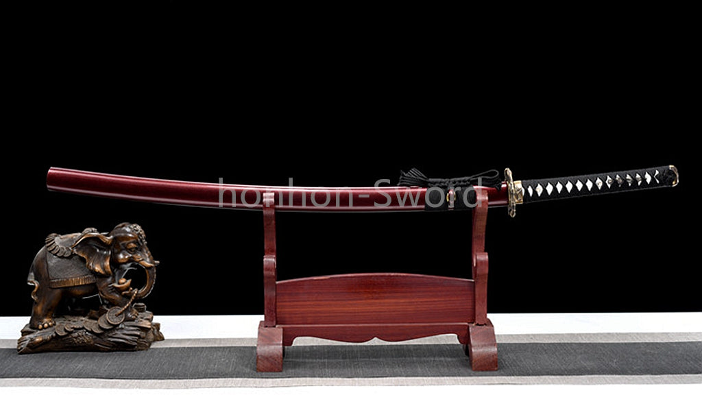 Japanisches Samurai-Schwert Katana aus schwarzem gefaltetem Stahl, Full Tang, handgefertigt, scharfe Klinge, schwarz 