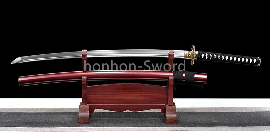 Japanisches Samurai-Schwert Katana aus schwarzem gefaltetem Stahl, Full Tang, handgefertigt, scharfe Klinge, schwarz 