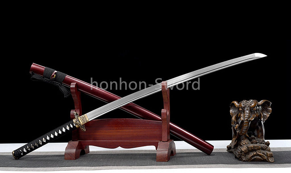 Japanisches Samurai-Schwert Katana aus schwarzem gefaltetem Stahl, Full Tang, handgefertigt, scharfe Klinge, schwarz 