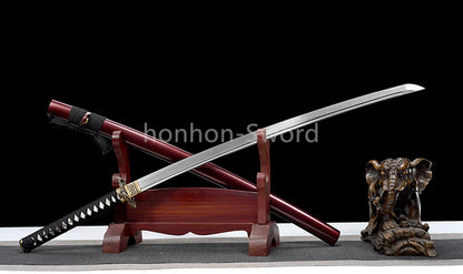 Japanisches Samurai-Schwert Katana aus schwarzem gefaltetem Stahl, Full Tang, handgefertigt, scharfe Klinge, schwarz 
