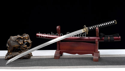 Japanisches Samurai-Schwert Katana aus schwarzem gefaltetem Stahl, Full Tang, handgefertigt, scharfe Klinge, schwarz 
