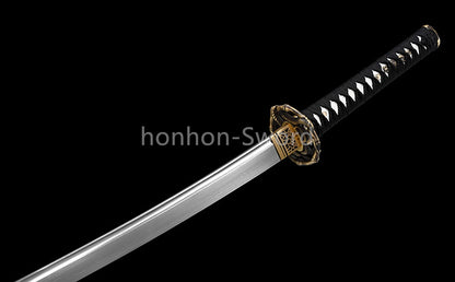 Japanisches Samurai-Schwert Katana aus schwarzem gefaltetem Stahl, Full Tang, handgefertigt, scharfe Klinge, schwarz 
