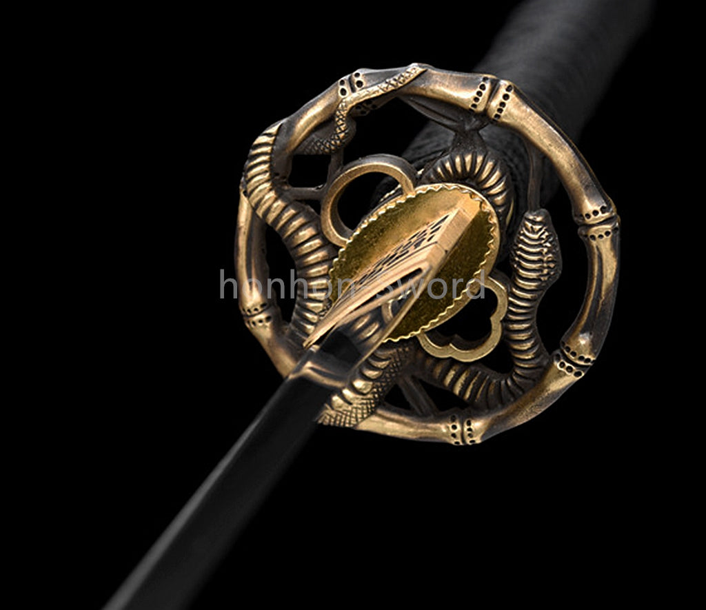 Japanisches Samurai-Schwert Katana aus schwarzem gefaltetem Stahl, Full Tang, handgefertigt, scharfe Klinge, schwarz 