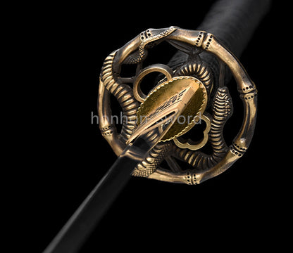 Japanisches Samurai-Schwert Katana aus schwarzem gefaltetem Stahl, Full Tang, handgefertigt, scharfe Klinge, schwarz 