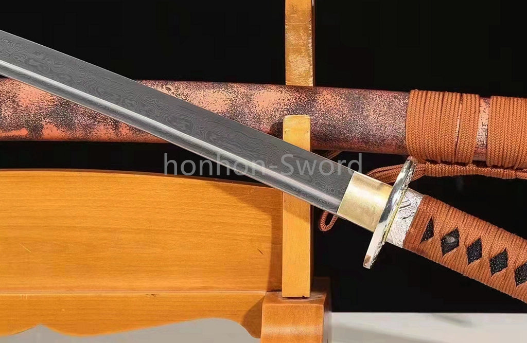 Japanisches Samurai-Schwert Katana aus schwarzem gefaltetem Stahl, Full Tang, handgefertigt, scharfe Klinge, schwarz 