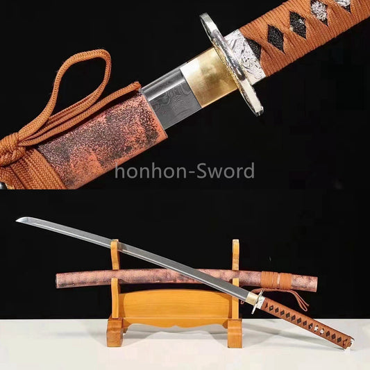 Japanisches Samurai-Schwert Katana aus schwarzem gefaltetem Stahl, Full Tang, handgefertigt, scharfe Klinge, schwarz 