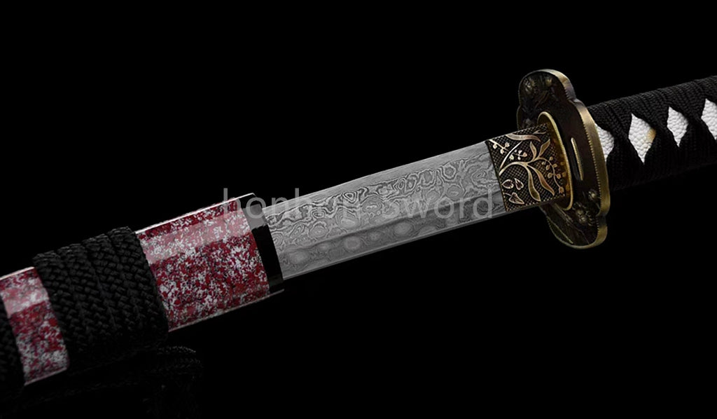 Japanisches Samurai-Schwert Katana aus schwarzem gefaltetem Stahl, Full Tang, handgefertigt, scharfe Klinge, schwarz 