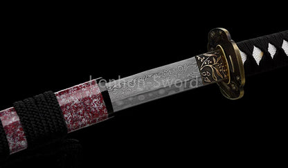 Japanisches Samurai-Schwert Katana aus schwarzem gefaltetem Stahl, Full Tang, handgefertigt, scharfe Klinge, schwarz 