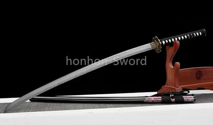 Japanisches Samurai-Schwert Katana aus schwarzem gefaltetem Stahl, Full Tang, handgefertigt, scharfe Klinge, schwarz 