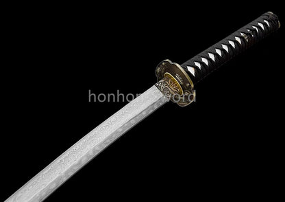 Japanisches Samurai-Schwert Katana aus schwarzem gefaltetem Stahl, Full Tang, handgefertigt, scharfe Klinge, schwarz 