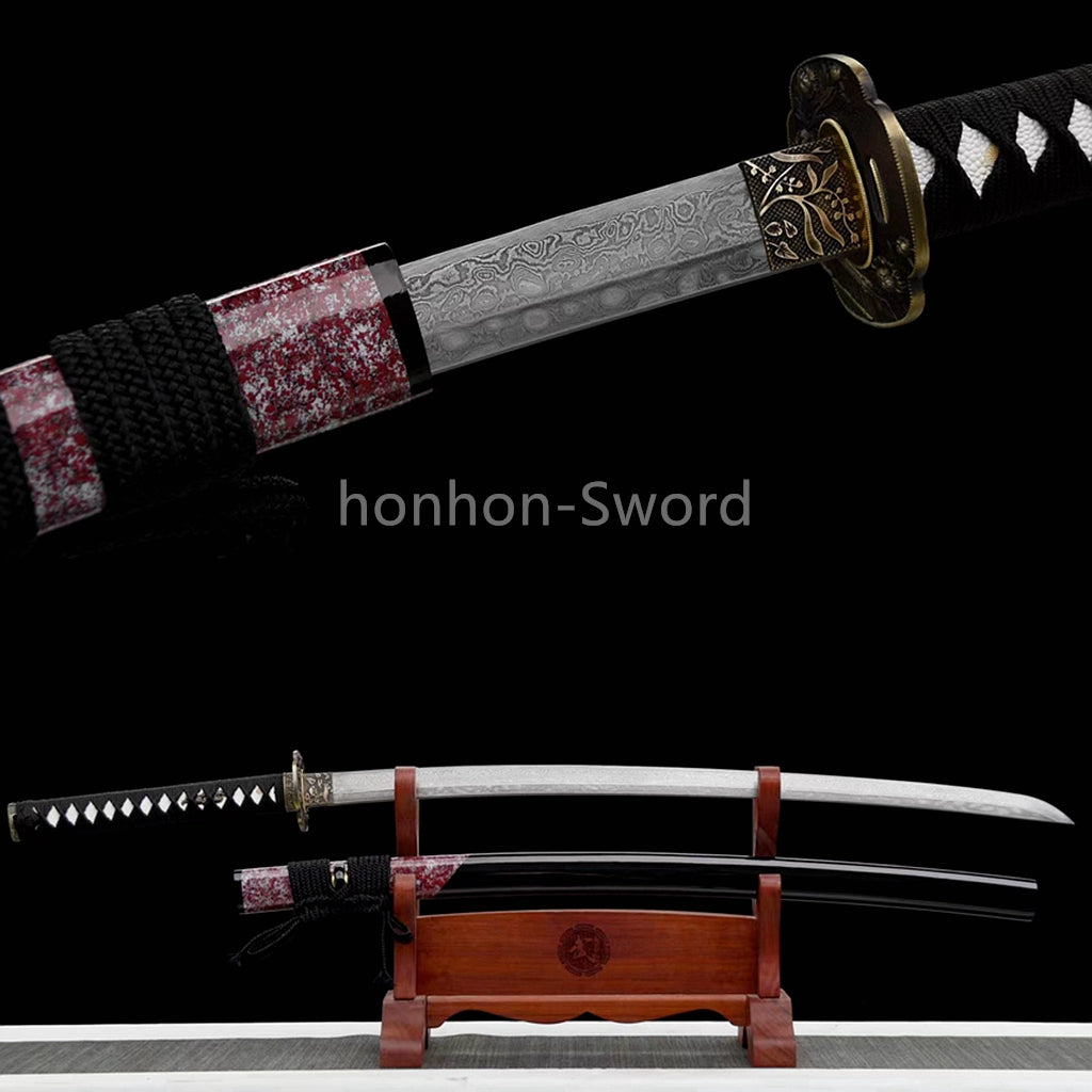 Japanisches Samurai-Schwert Katana aus schwarzem gefaltetem Stahl, Full Tang, handgefertigt, scharfe Klinge, schwarz 