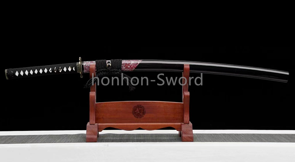 Japanisches Samurai-Schwert Katana aus schwarzem gefaltetem Stahl, Full Tang, handgefertigt, scharfe Klinge, schwarz 