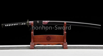 Japanisches Samurai-Schwert Katana aus schwarzem gefaltetem Stahl, Full Tang, handgefertigt, scharfe Klinge, schwarz 