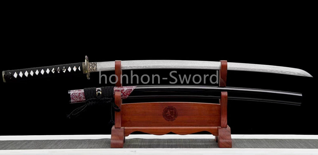Japanisches Samurai-Schwert Katana aus schwarzem gefaltetem Stahl, Full Tang, handgefertigt, scharfe Klinge, schwarz 