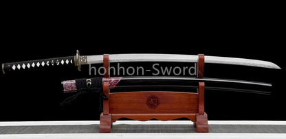 Japanisches Samurai-Schwert Katana aus schwarzem gefaltetem Stahl, Full Tang, handgefertigt, scharfe Klinge, schwarz 