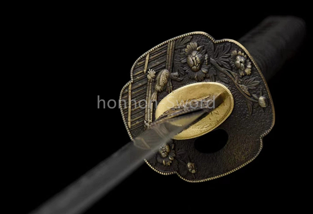 Japanisches Samurai-Schwert Katana aus schwarzem gefaltetem Stahl, Full Tang, handgefertigt, scharfe Klinge, schwarz 