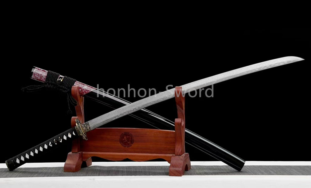 Japanisches Samurai-Schwert Katana aus schwarzem gefaltetem Stahl, Full Tang, handgefertigt, scharfe Klinge, schwarz 