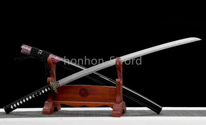 Japanisches Samurai-Schwert Katana aus schwarzem gefaltetem Stahl, Full Tang, handgefertigt, scharfe Klinge, schwarz 