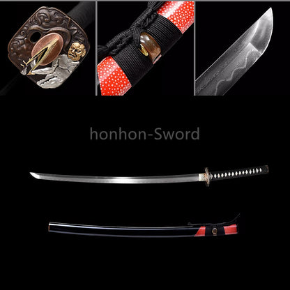 Japanisches Samurai-Schwert Katana aus schwarzem gefaltetem Stahl, Full Tang, handgefertigt, scharfe Klinge, schwarz 