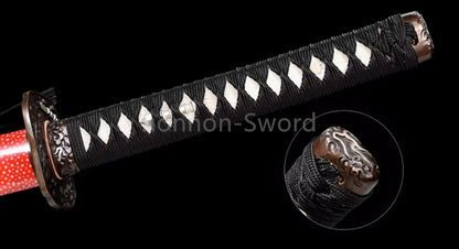 Japanisches Samurai-Schwert Katana aus schwarzem gefaltetem Stahl, Full Tang, handgefertigt, scharfe Klinge, schwarz 