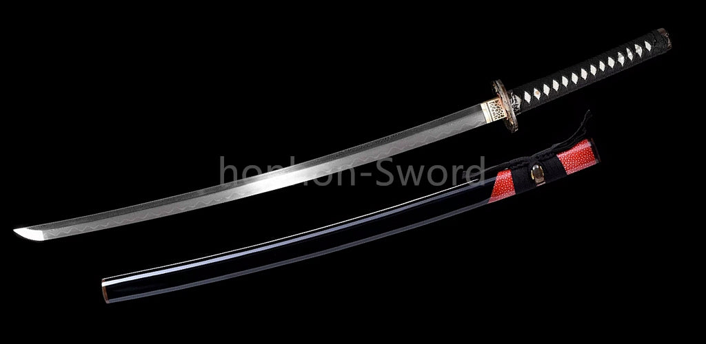 Japanisches Samurai-Schwert Katana aus schwarzem gefaltetem Stahl, Full Tang, handgefertigt, scharfe Klinge, schwarz 