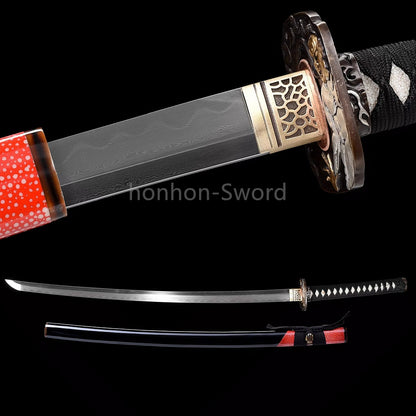 Japanisches Samurai-Schwert Katana aus schwarzem gefaltetem Stahl, Full Tang, handgefertigt, scharfe Klinge, schwarz 