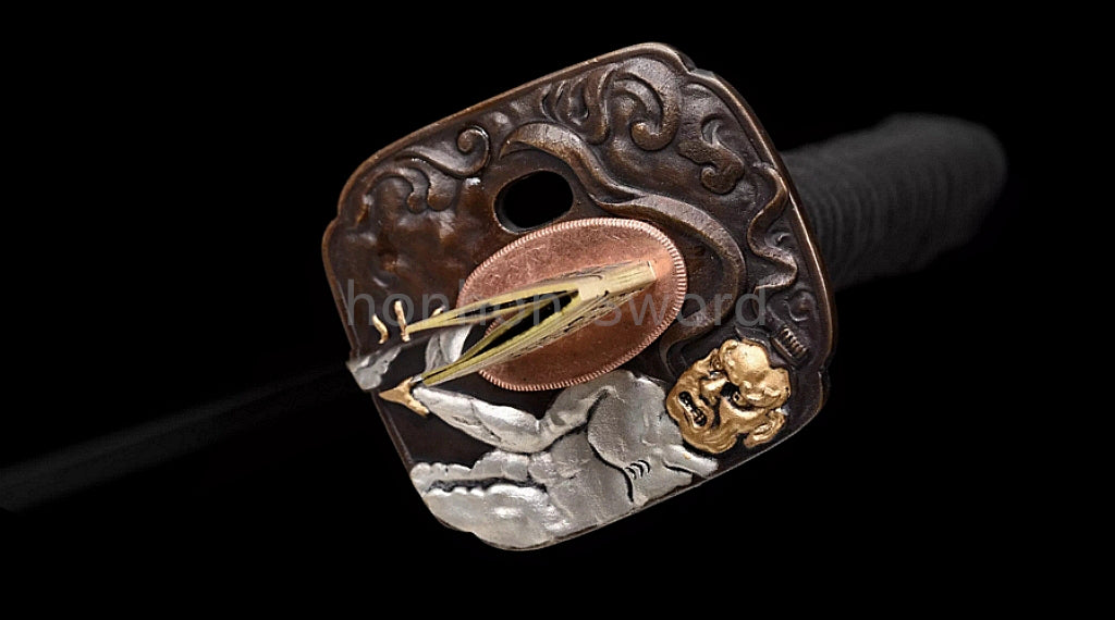 Japanisches Samurai-Schwert Katana aus schwarzem gefaltetem Stahl, Full Tang, handgefertigt, scharfe Klinge, schwarz 