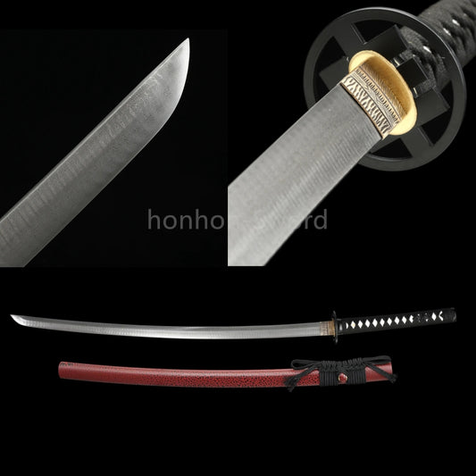 Japanisches Samurai-Schwert Katana aus schwarzem gefaltetem Stahl, Full Tang, handgefertigt, scharfe Klinge, schwarz 