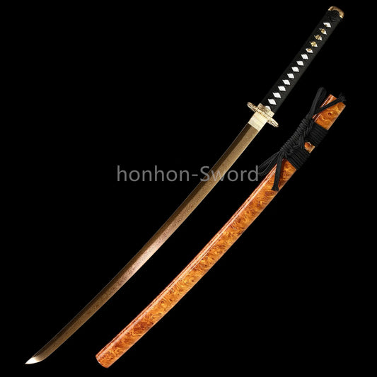 Damascus Folded Steel Japanese Samurai Sword 26inch Katana Gold Blade Brass Tsuba Functional