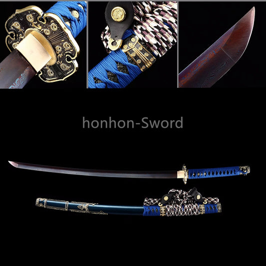 Japanese Tachi Damascus Folded Steel Sword Blue Blade Alloy Tsuba Sharp Battle Ready