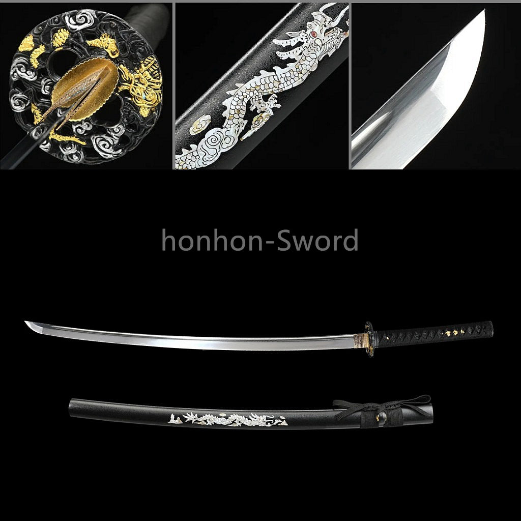 1095 Kohlenstoffstahl Katana Blaue Klinge Japanisches Samurai-Schwert Full Tang Schwarz 