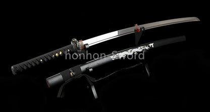 1095 Kohlenstoffstahl Katana Blaue Klinge Japanisches Samurai-Schwert Full Tang Schwarz 
