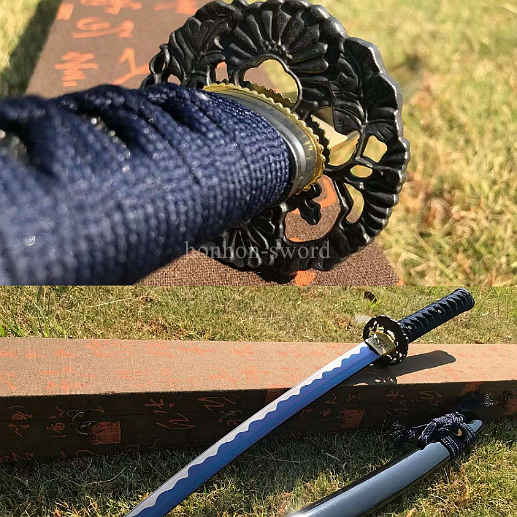 Katana à lame bleue en acier à haute teneur en carbone 1095, épée de samouraï japonais, épée complète noire 