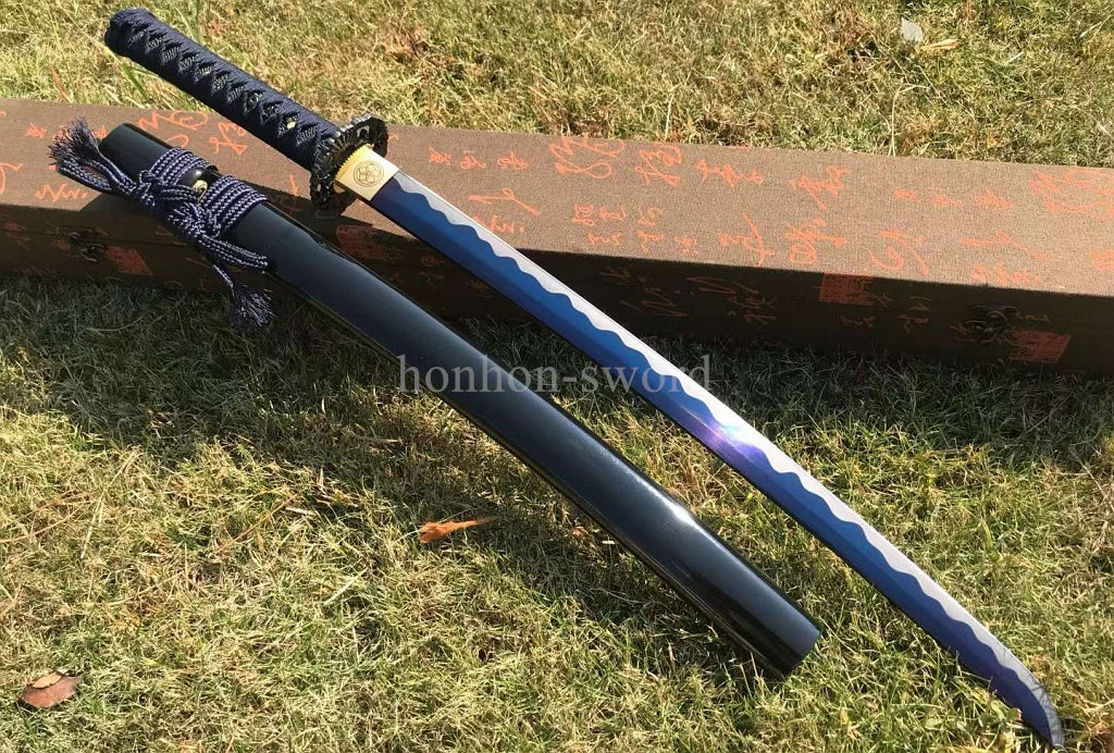 Katana à lame bleue en acier à haute teneur en carbone 1095, épée de samouraï japonais, épée complète noire 