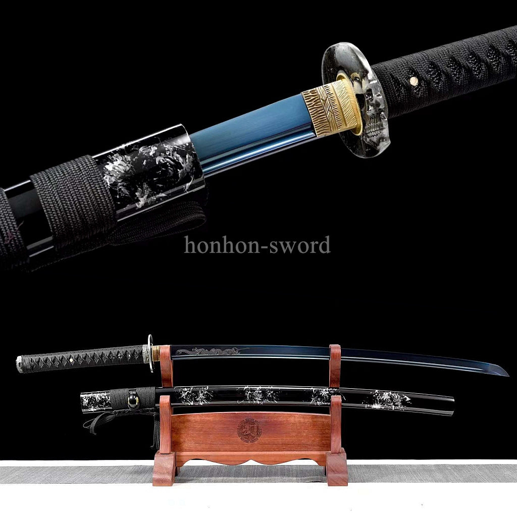 1095 Kohlenstoffstahl Katana Blaue Klinge Japanisches Samurai-Schwert Full Tang Schwarz 