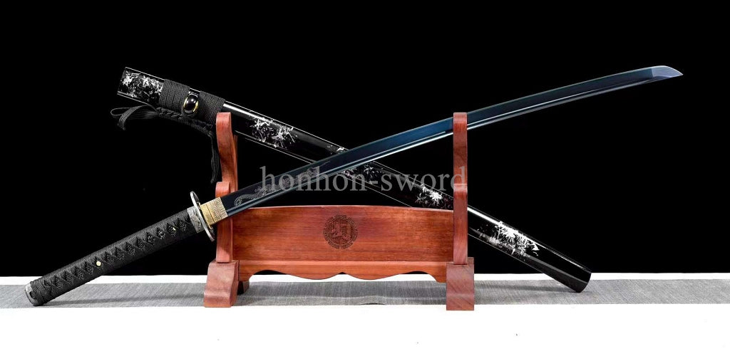 1095 Kohlenstoffstahl Katana Blaue Klinge Japanisches Samurai-Schwert Full Tang Schwarz 