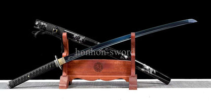 1095 Kohlenstoffstahl Katana Blaue Klinge Japanisches Samurai-Schwert Full Tang Schwarz 